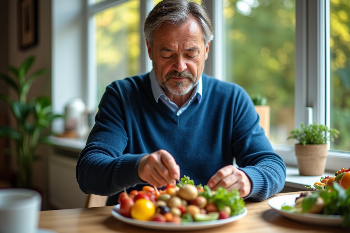 Homme préparant son assiette de fruits et légumes au repas