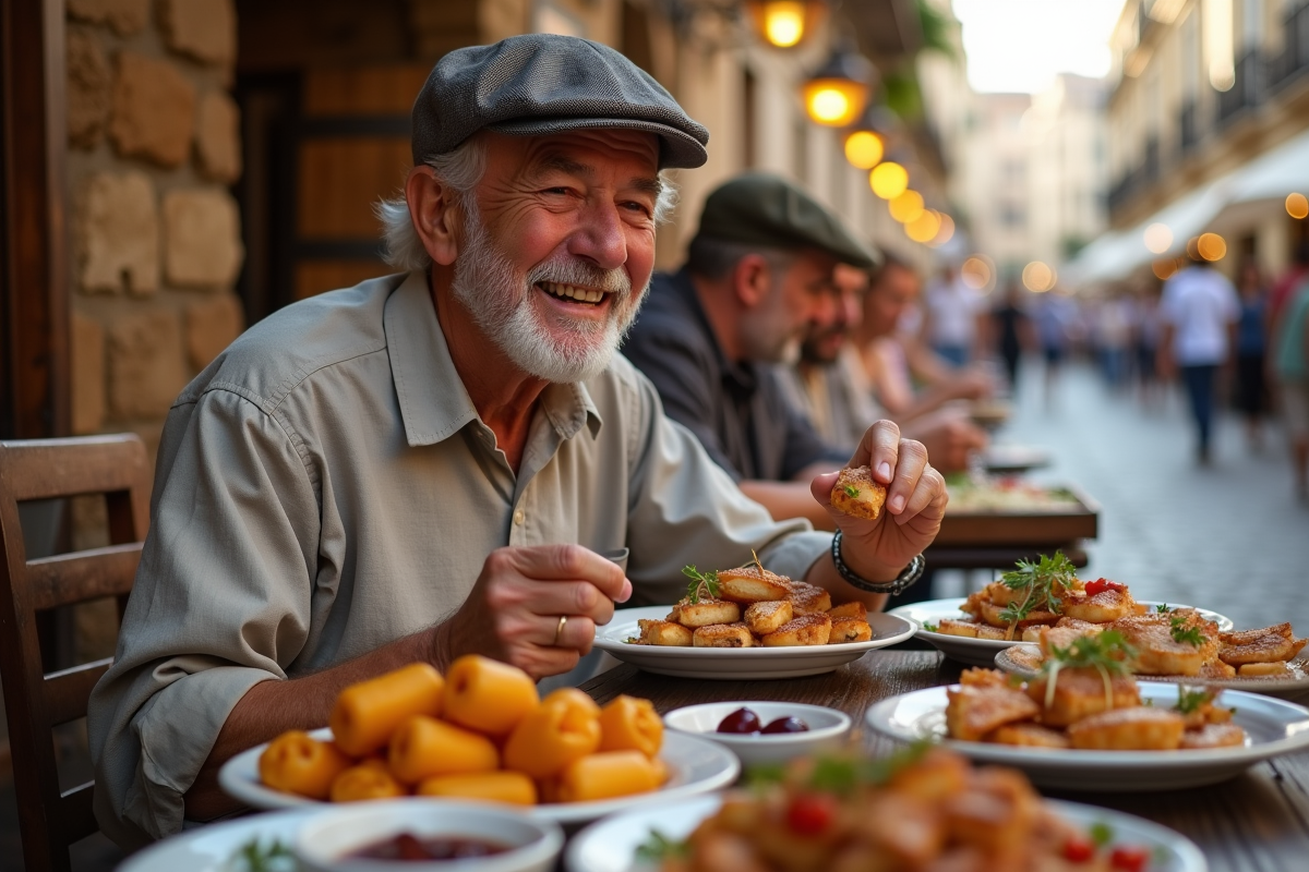 Homme espagnol partageant des pintxos avec des amis en extérieur