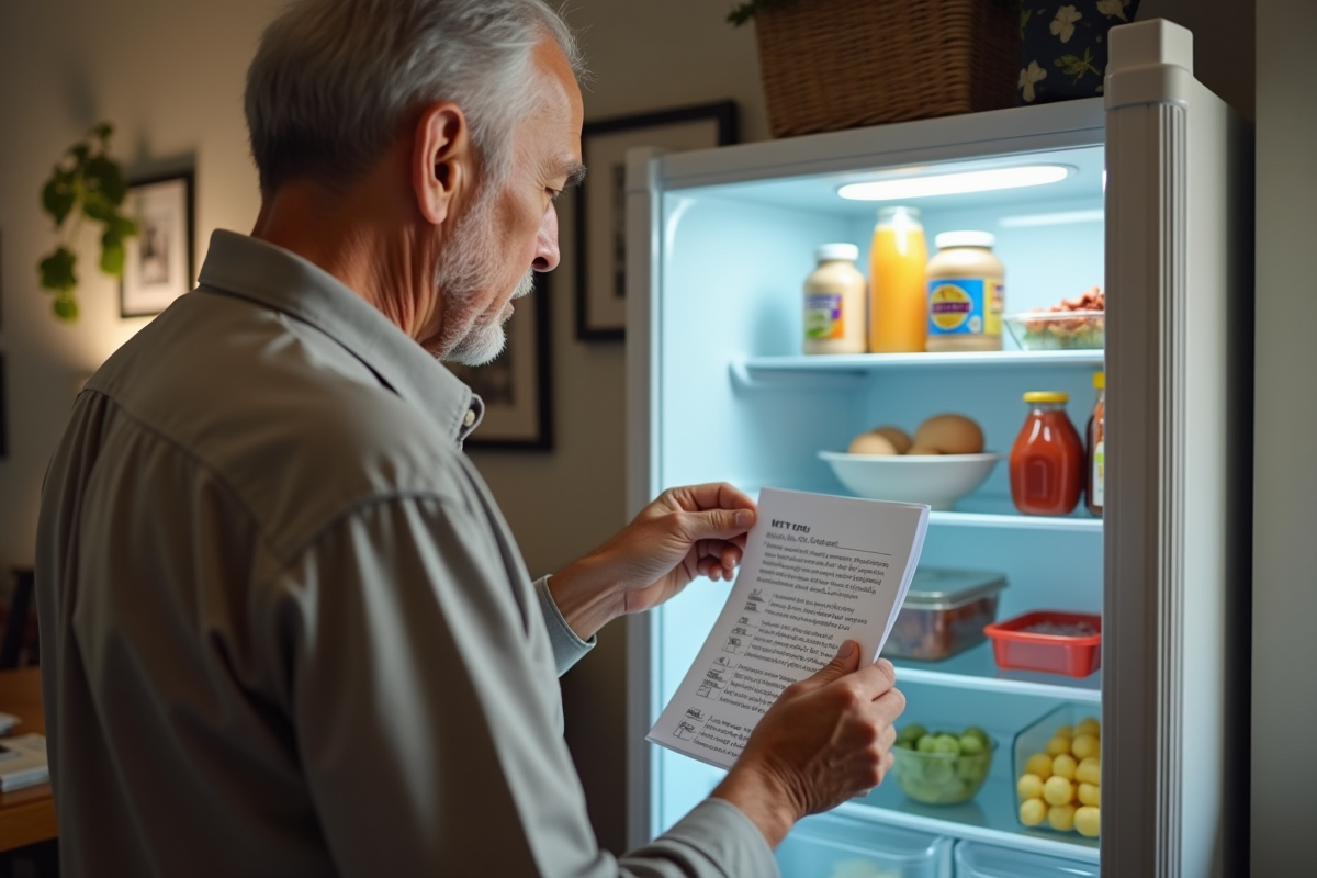 Homme regarde la liste des aliments interdits dans le frigo