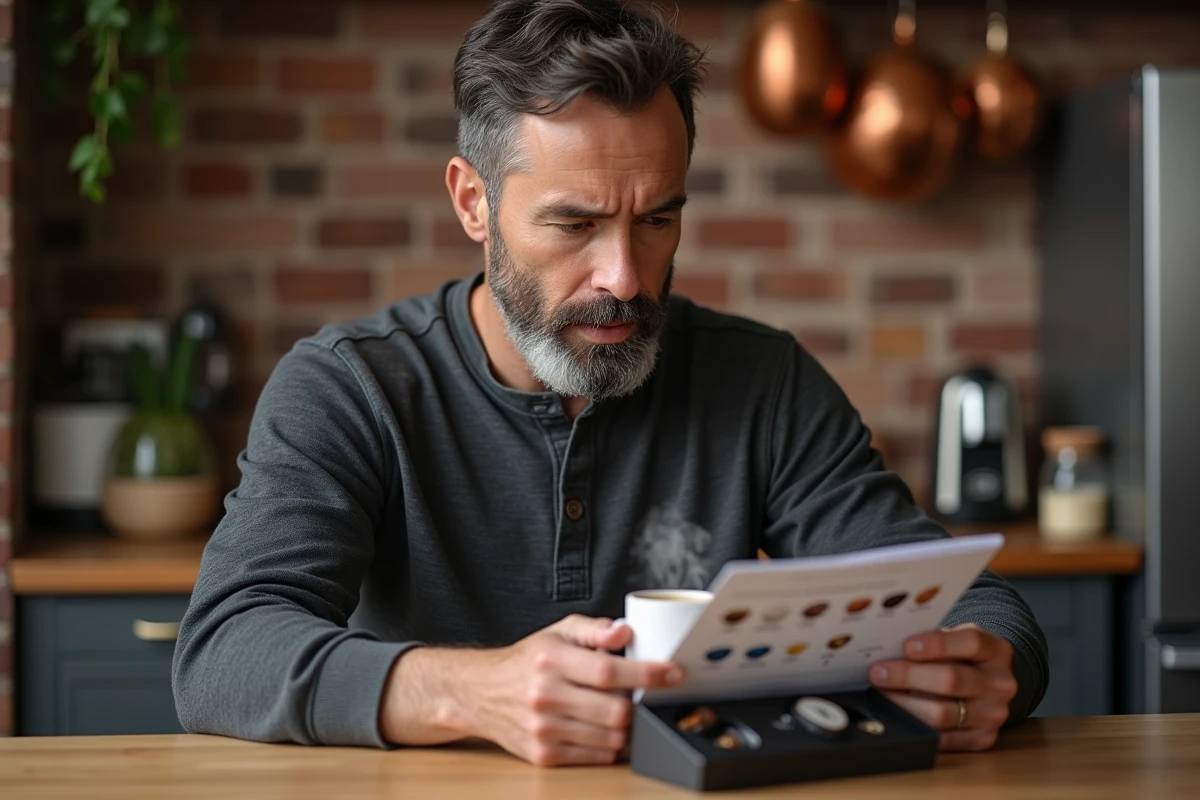 Homme consultant un guide comparatif de capsules compatibles Nespresso à la maison avec un café expresso