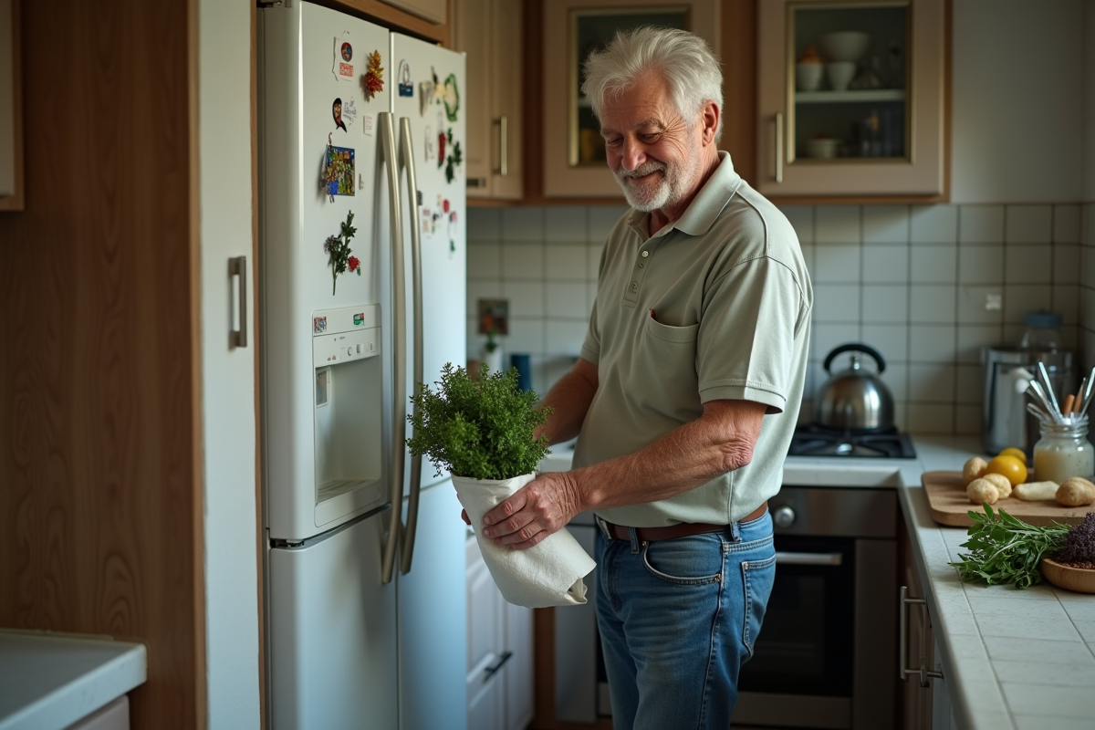 Homme âgé enveloppant des herbes dans un torchon humide