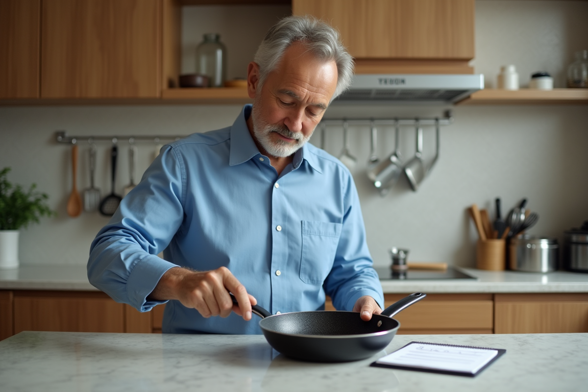Homme vérifiant une poêle dans sa cuisine