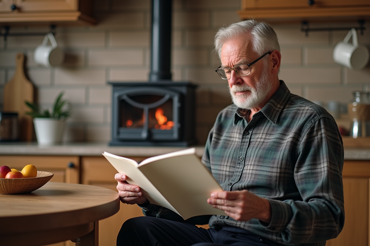 Homme âgé lit une brochure sur un poêle à pellets dans la cuisine