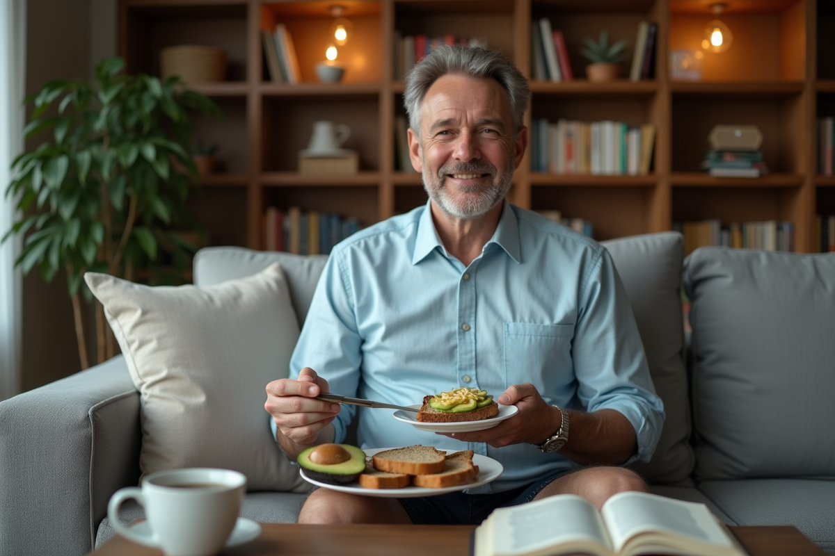 Homme détendu mangeant avocat et pain complet dans le salon