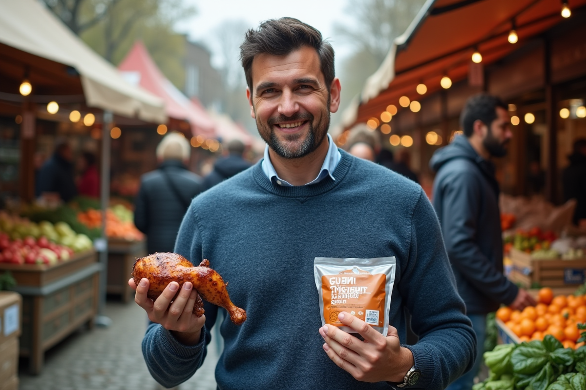 Homme comparant poulet rôti et produit vegan au marché