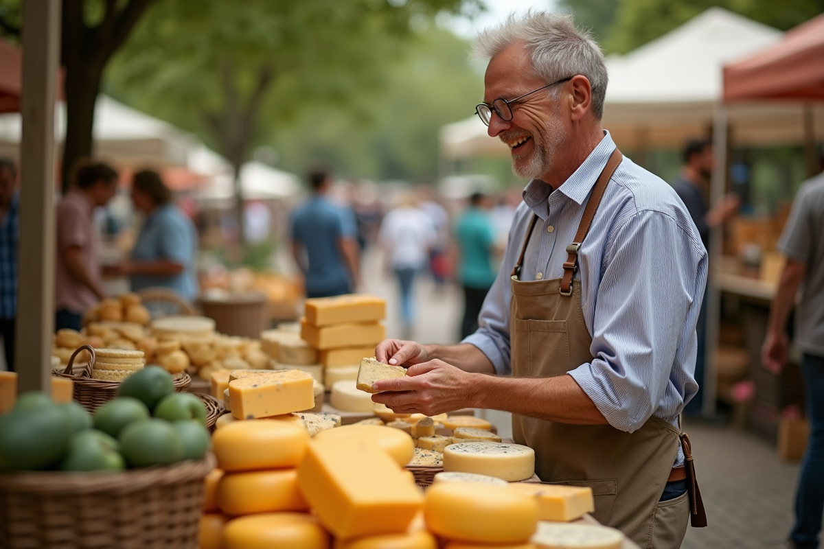 Homme souriant achetant du fromage au marché fermier