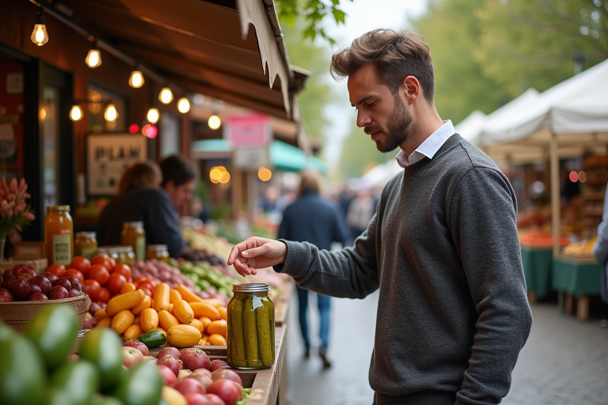 Jeune homme choisissant un bocal de pickles au marché en plein air