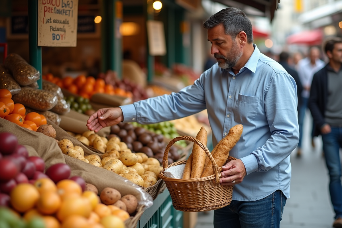 Homme achetant des produits frais au marché en plein air