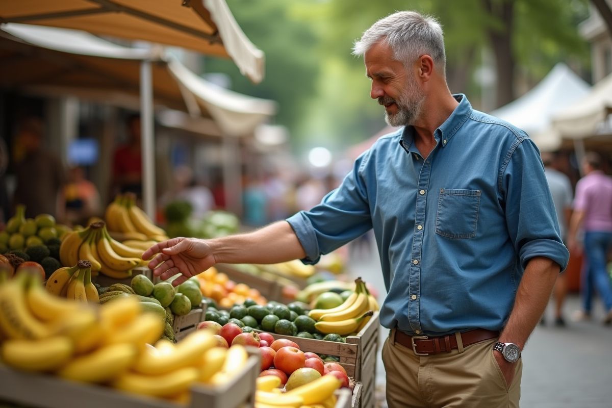 Homme choisissant des bananes bio au marché en plein air