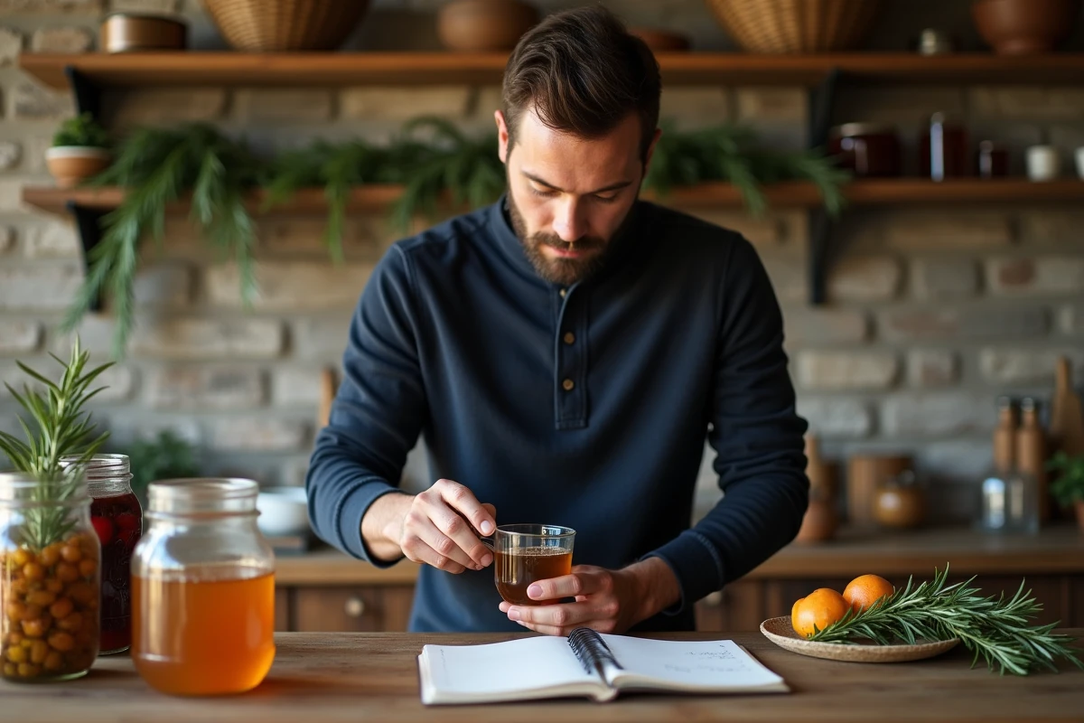 Homme mesurant du vinaigre de cidre comme substitut d'alcool dans une cuisine rustique avec bocaux de fruits