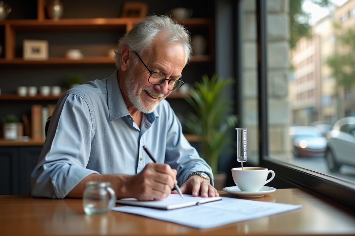 Homme &acirc;g&eacute; notant des conversions au caf&eacute;