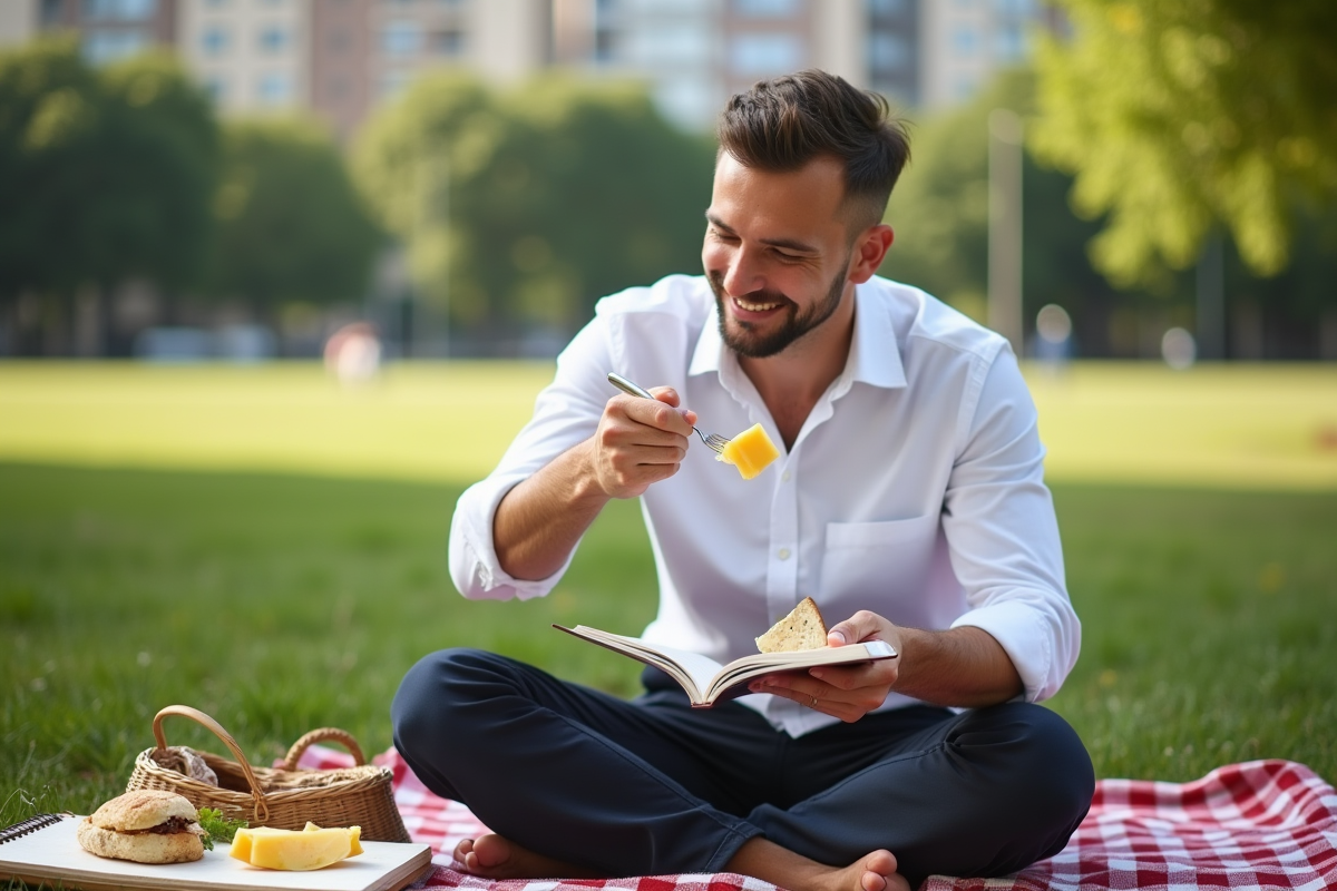 Homme en plein pique-nique dégustant du fromage dans un parc urbain