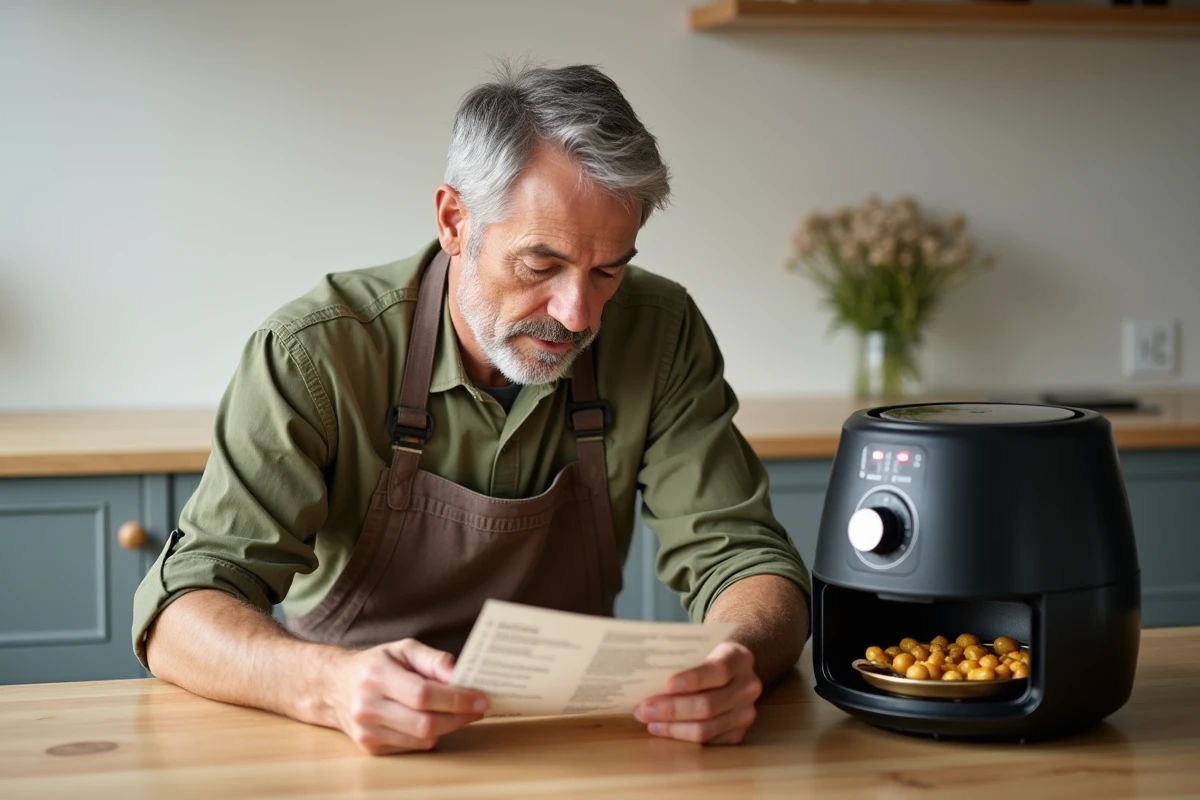 Homme &eacute;tudiant une recette v&eacute;g&eacute;tarienne avec air fryer