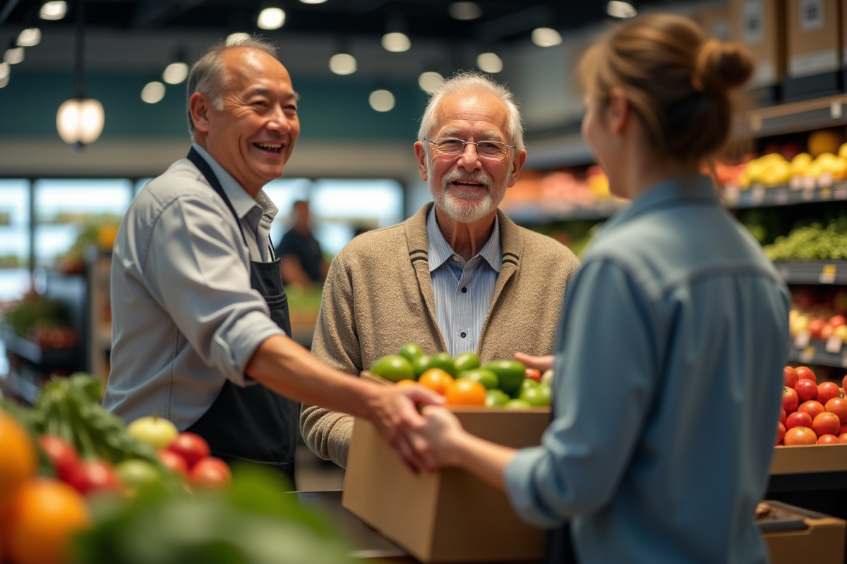 Homme âgé donnant un panier antiwaste à un employé en caisse