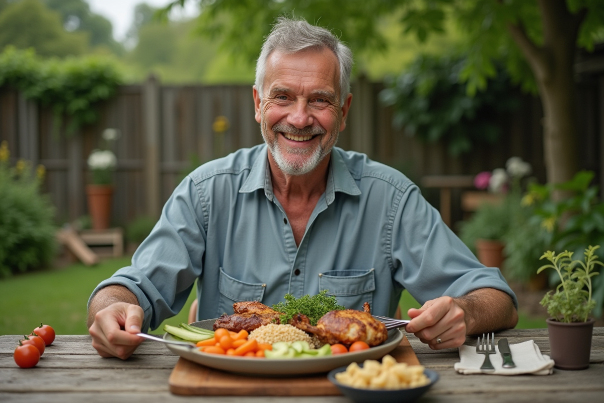 Homme appréciant un repas rustique en plein air dans le jardin