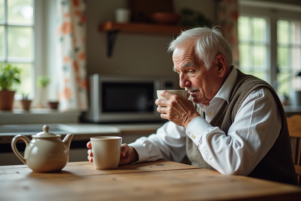 Homme âgé sirotant un thé dans un cadre rustique