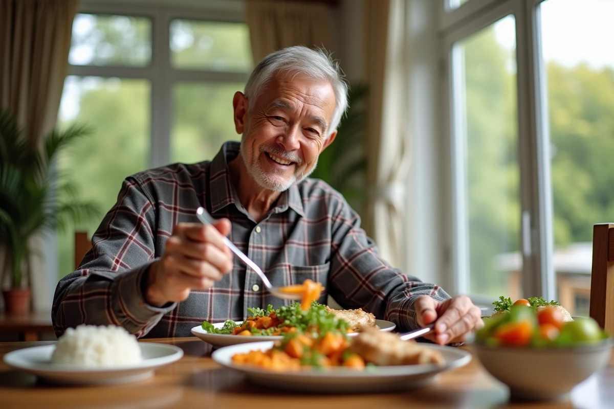 Homme &acirc;g&eacute; d&eacute;gustant un repas de l&eacute;gumes et poulet