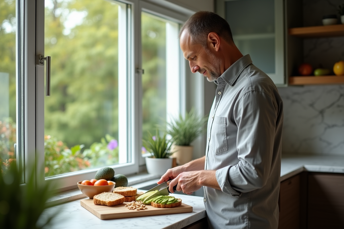 Homme coupe un avocat sur du pain complet dans la cuisine
