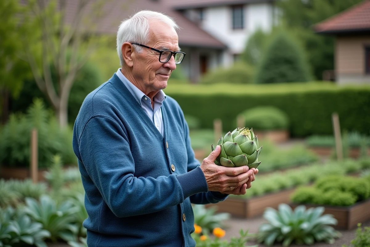Homme &acirc;g&eacute; dans un jardin inspectant un artichaut vert