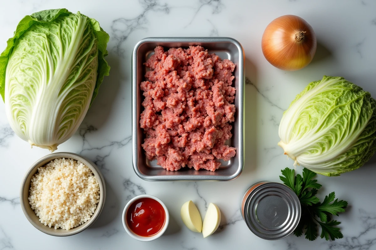 Ingrédients économiques pour chou farci disposés sur un plan de travail en marbre : chou vert, viande hachée, riz, tomates et herbes