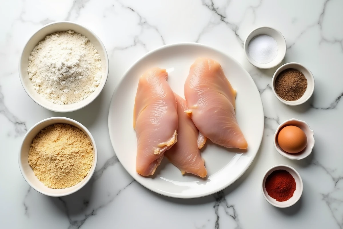 Ingrédients pour recette de panure poulet croustillante disposés en flat-lay sur marbre blanc, chapelure panko et épices