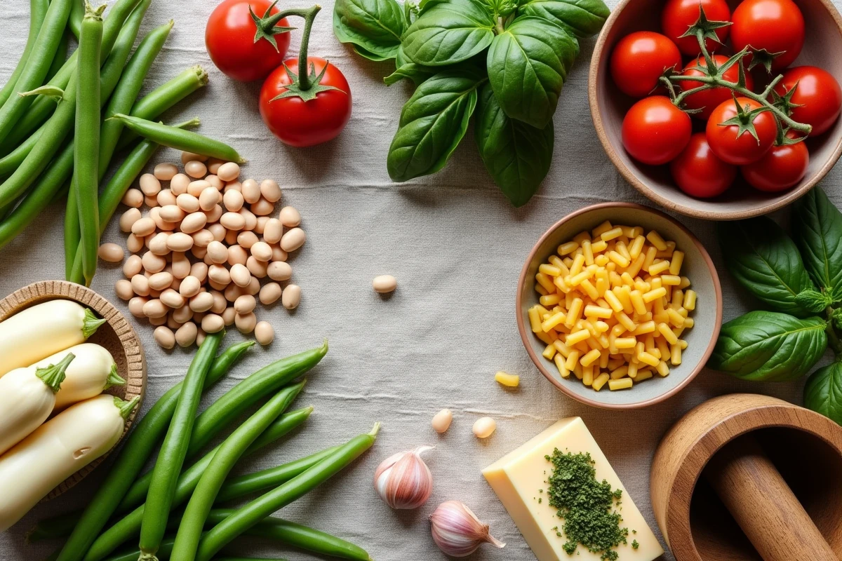 Ingrédients frais et secs pour la soupe au pistou provençale disposés en flat-lay sur une nappe en lin rustique