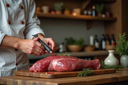 Chef utilisant une seringue à marinade pour injecter une cuisse de chevreuil sur une planche en bois dans une cuisine rustique