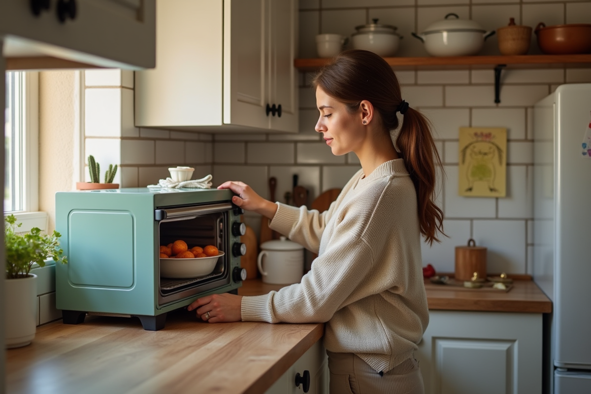 Jeune femme installant un four vapeur dans une cuisine chaleureuse