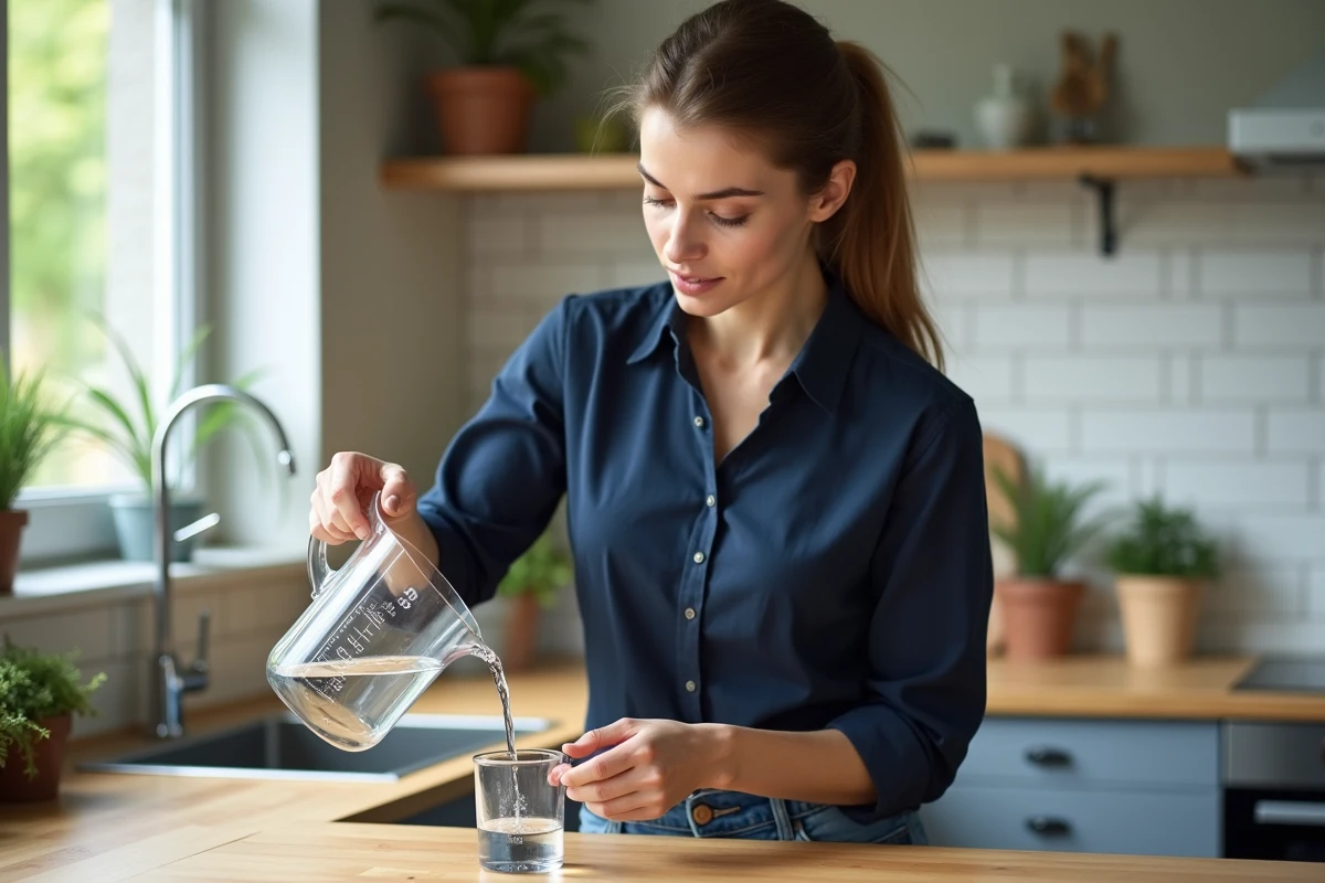 Jeune femme en cuisine verse de leau dans un bécher