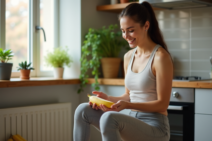 Jeune femme en cuisine peignant une banane avec un sourire naturel