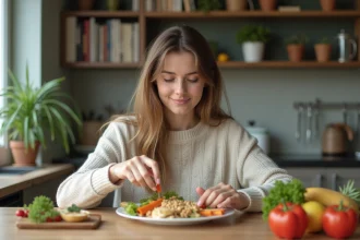 Jeune femme mangeant un repas équilibré dans la cuisine