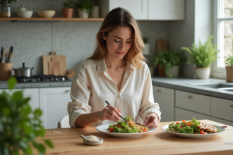 Jeune femme préparant un repas sain dans une cuisine lumineuse