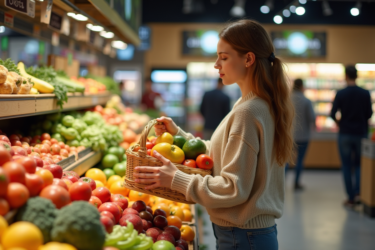 Jeune femme choisissant un panier de fruits bio en supermarché