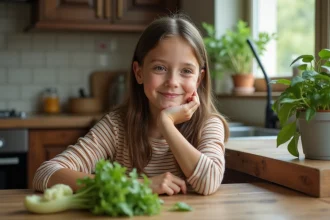 Jeune fille souriante avec un légume vert dans la cuisine