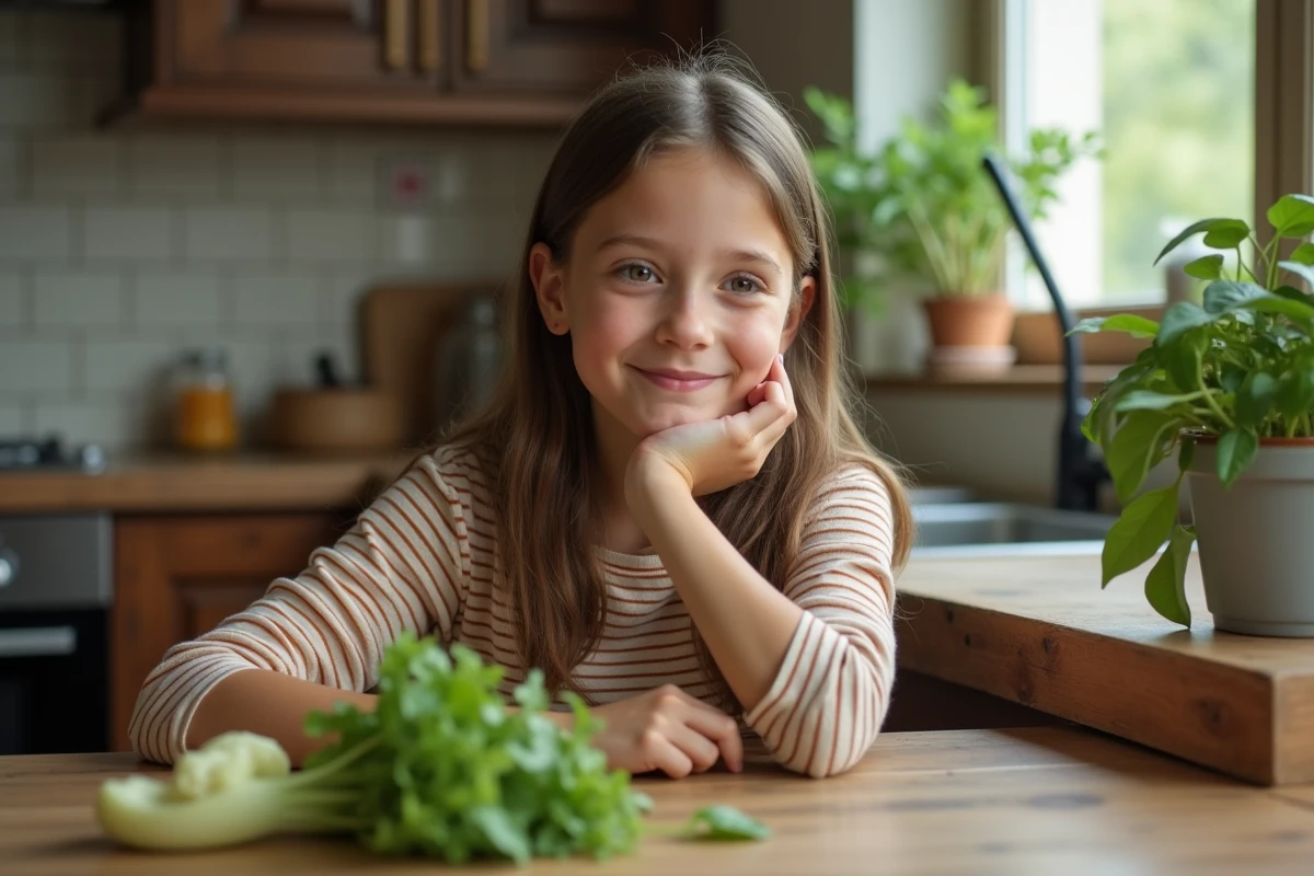 Jeune fille souriante avec un légume vert dans la cuisine