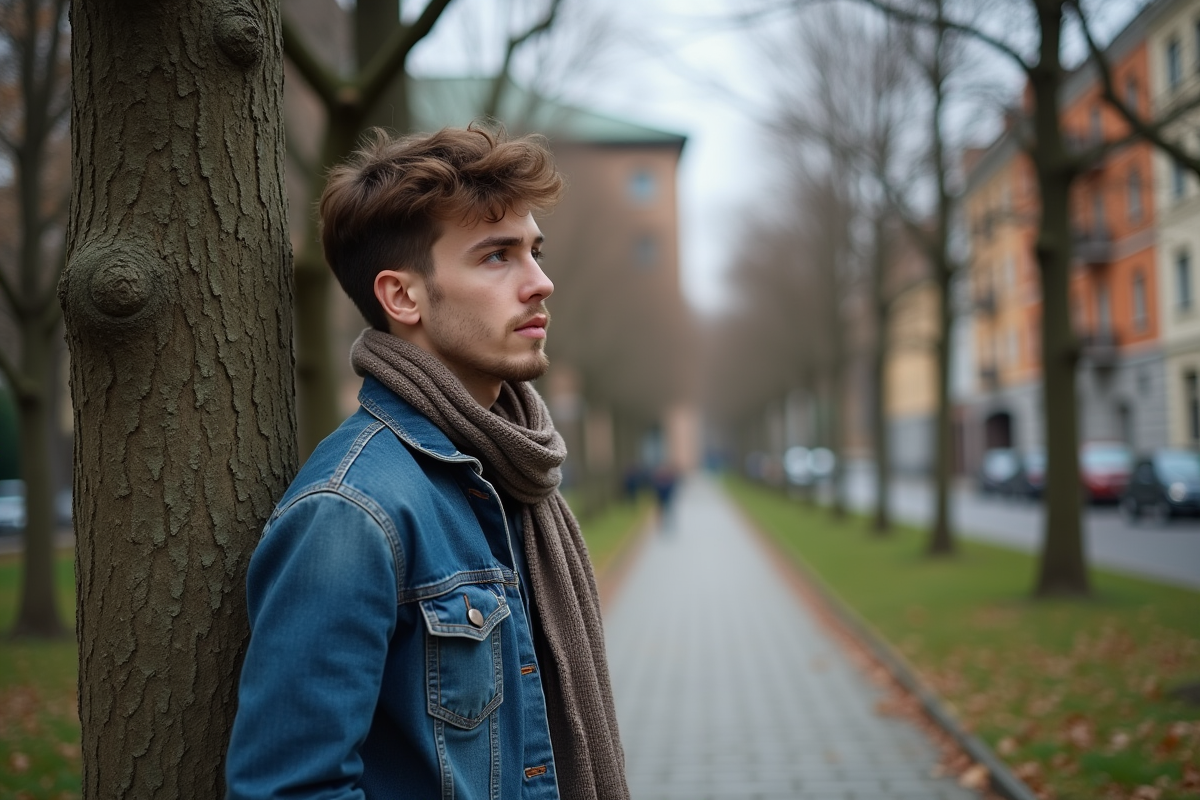 Jeune homme touchant l’écorce d’un arbre dans un parc urbain