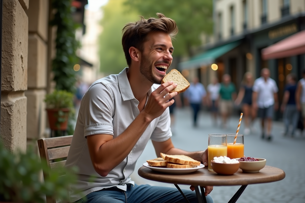Jeune homme riant avec pain dans un café parisien en plein air