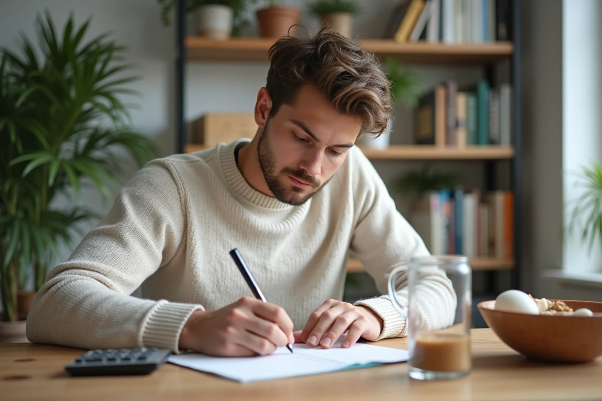 Jeune homme convertit centilitres en grammes sur un notepad
