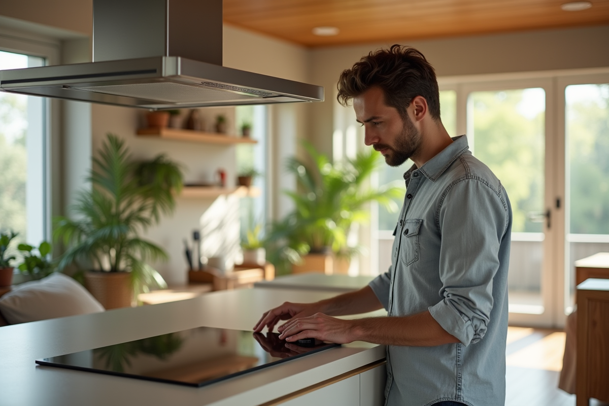 Jeune homme examine un cooktop induction moderne