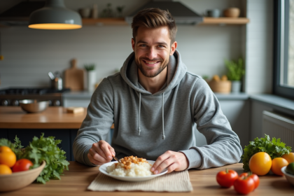 Jeune homme en cuisine préparant un repas sain à la maison
