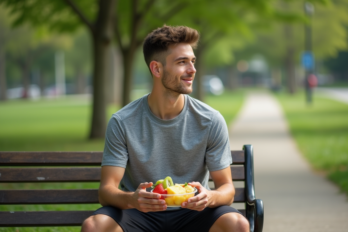 Jeune homme en tenue sportive dégustant des fruits dans un parc