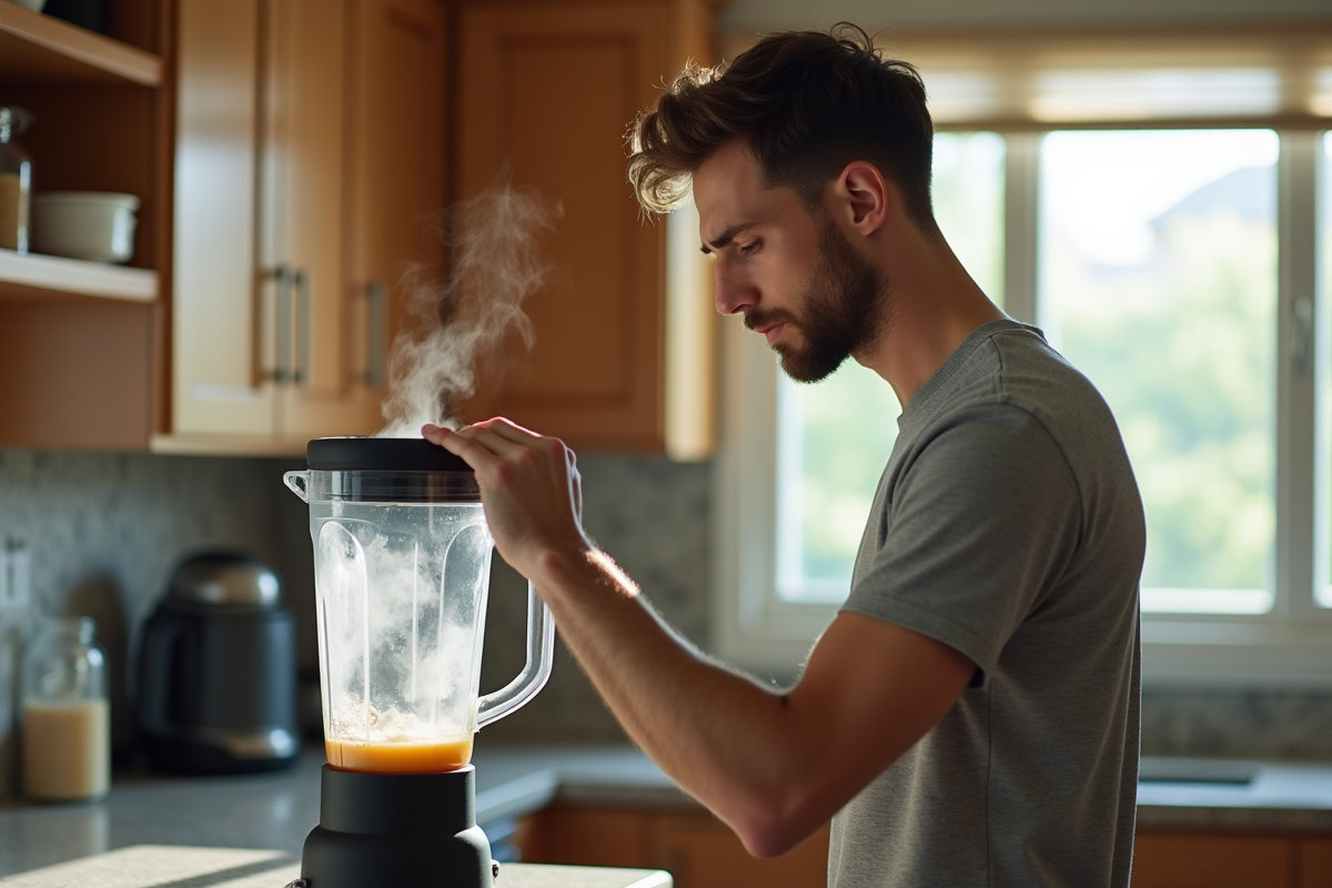 Jeune homme regarde inquiet le blender avec soupe chaude