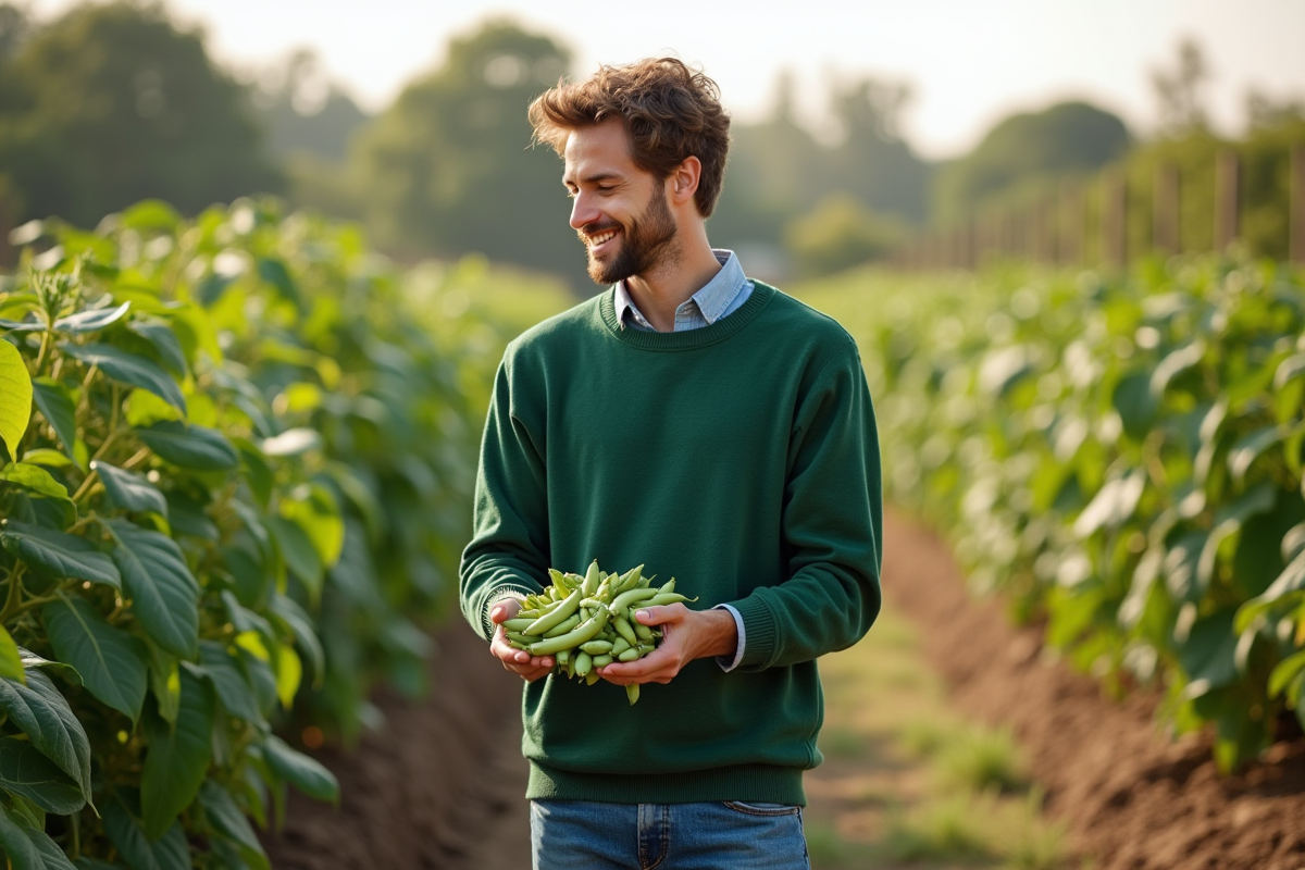 Jeune homme dans un jardin récoltant des haricots