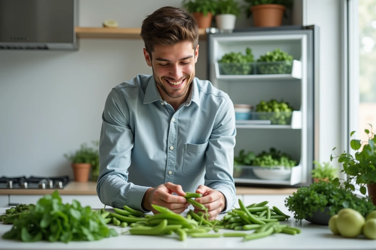 Jeune homme arrangeant des legumes verts sur le plan de travail