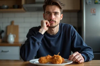 Jeune homme en cuisine tenant un poulet frit croquant