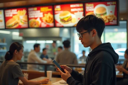 Jeune homme regardant un menu de fastfood avec scepticisme