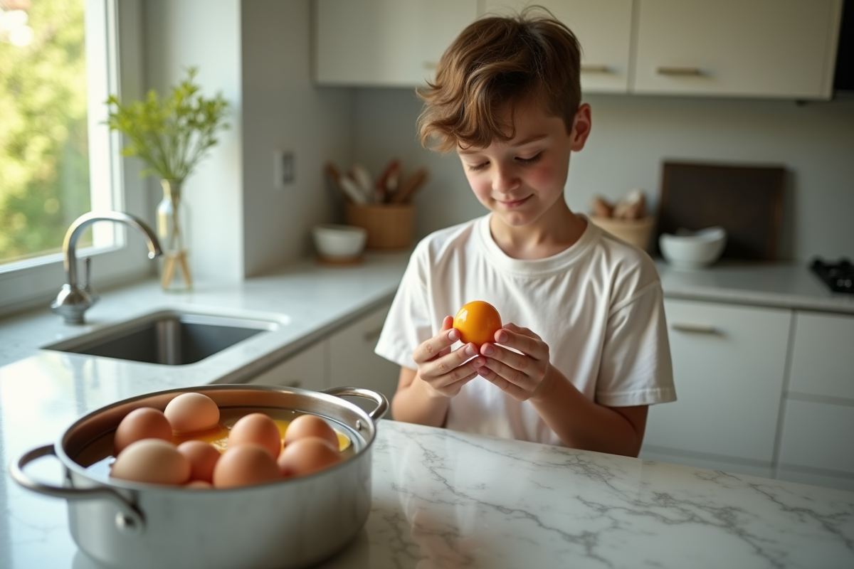 Adolescent examinant un œuf dur dans la cuisine moderne