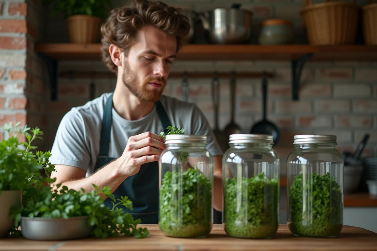 Jeune homme rangeant des bocaux de persil dans l