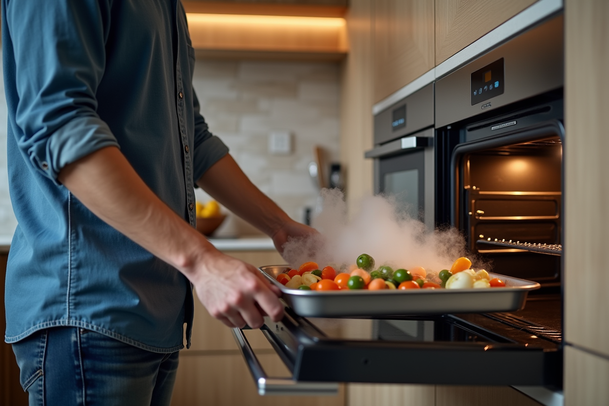 Jeune homme ouvrant un four vapeur avec légumes frais