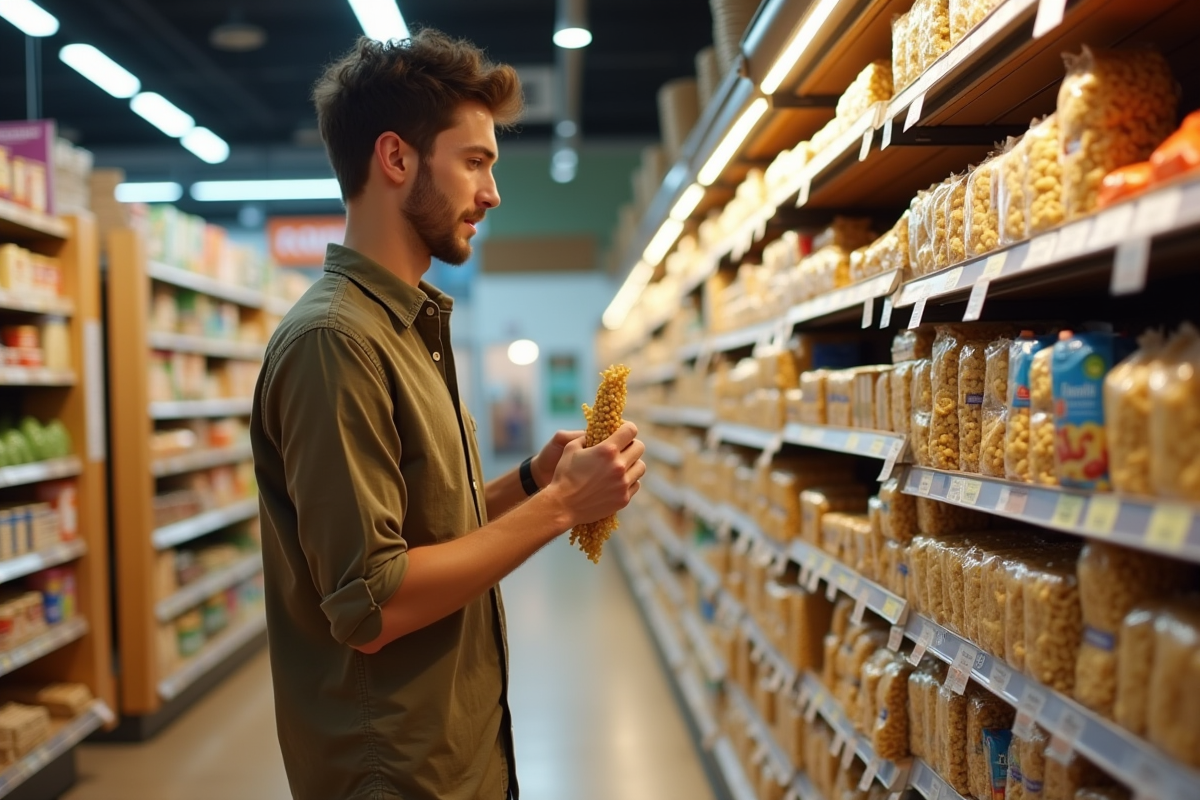 Jeune homme choisissant des pates de lentilles dans un rayon de supermarche